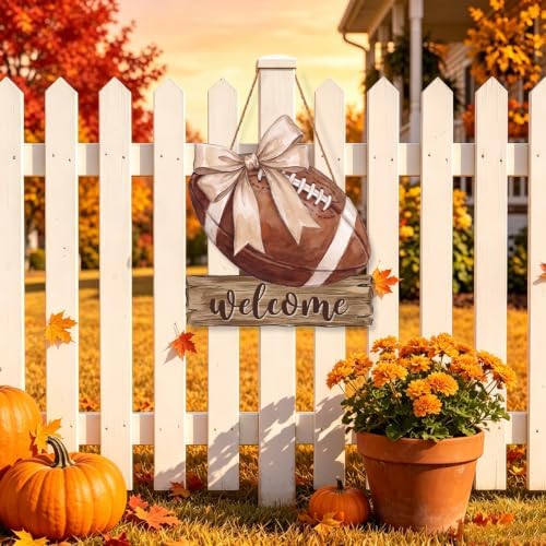 Fall Football Welcome Wreath Sign Wooden Beige Bow for Front Door