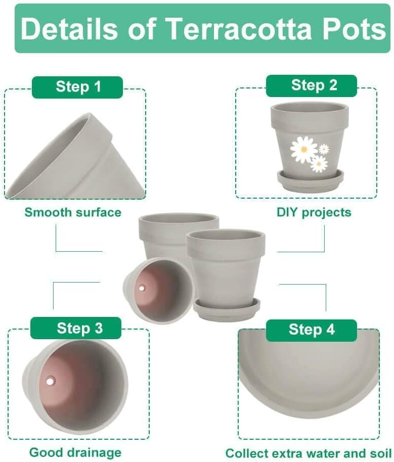 3 Inch Grey Terracotta & Clay Pots with Saucer, 12 Pack | Clay Flowerpot with Drainage, Nursery pot for succulents