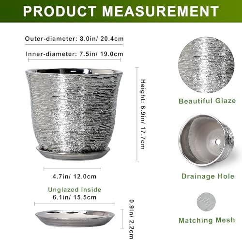 Ceramic Pots for Plants, 8 Inch Plant Pot with Drainage, Silver