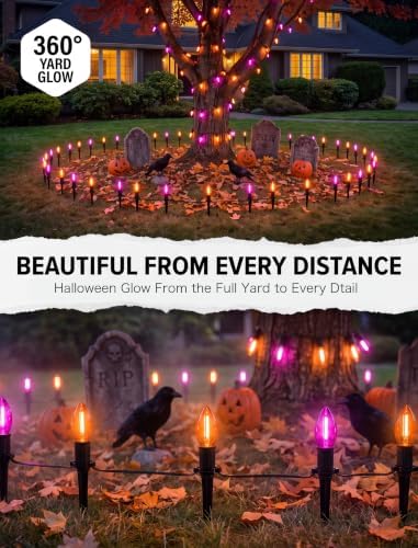 SUNSGNE Halloween Pathway Lights, 19.5Ft Halloween Stake Lights with 10 Count C9 LED Orange and Purple Bulbs for Lawn Yard Sidewalk Garden Decoration