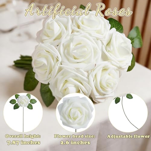 16 Pcs White Artificial Flowers, Fake Roses with Stems