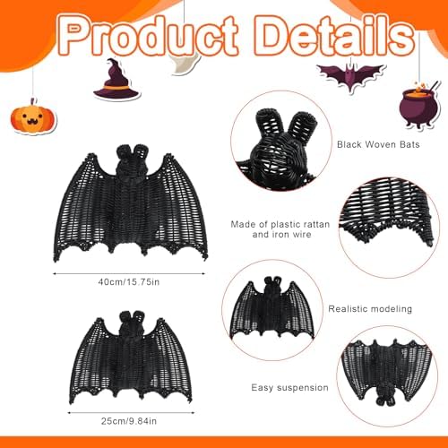 Wonderjune 2 Pack Halloween Rattan Bat Decorations 15.8'' and 9.8 '' Black Woven Bats for Hanging in the Tree, Porch, Yard, Lawn, Indoor, Outdoor, Rustic Modern Farmhouse Decor