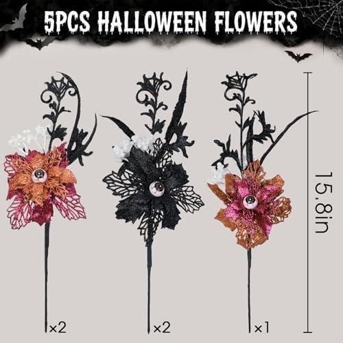 5PCS Halloween Artificial Flower Picks with Creepy Eyeballs for Home Decor