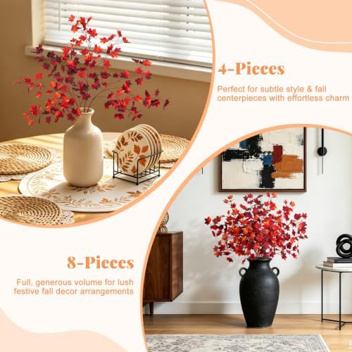 Artificial Fall Maple Leaves Stems Fake Foliage Plants for Indoor Vase