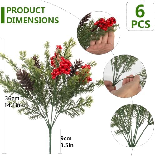Daynight 6 Pack Artificial Christmas Pine Bushes, Faux Norfolk Pine Bushes with Berries, Realistic Silk Christmas Flower Picks for Bouquets, Table Centerpieces, Xams, Home Décor (6, Norfolk Pine)