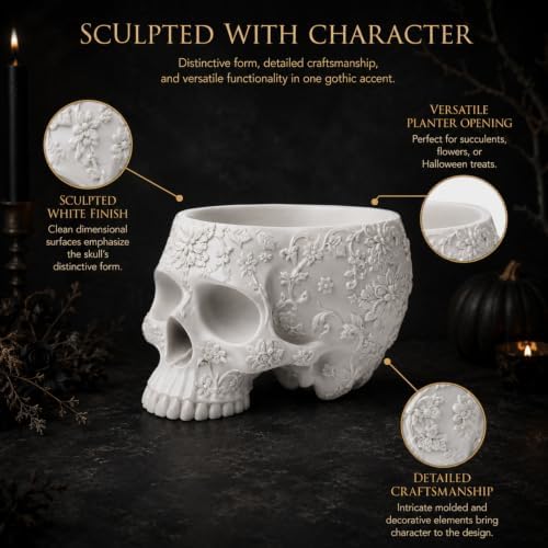 Halloween Skull Trick Or Treat Bowl Black Skeleton Planter Gothic Candy Pot