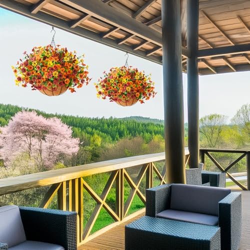 Artificial Fall Hanging Flowers Basket, UV Resistant Mums for Outdoors