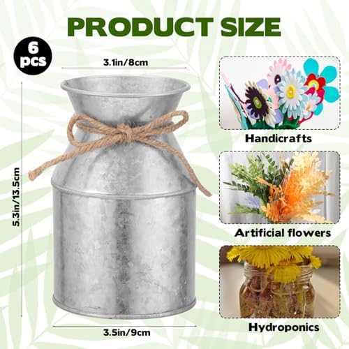 6 Pcs Farmhouse Metal Flower Vase Decor, 5.3 Inch Galvanized Milk Can Jug Vase with Twine Bow Rustic Flower Buckets for Centerpieces Floral Display Table Home Wedding Festival DIY Decorations