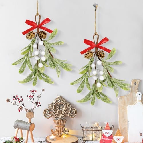 Christmas Mistletoe Decorations Frosted Artificial Mistletoe Ornaments with Bows Berries Pine Cones Snowy Fake Hanging Kissing Plant Stems for Xmas Tree Picks Doorway Holiday Decor (2, White)