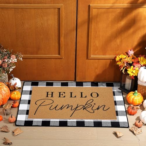 Tinideya 2 Pcs Hello Pumpkin Fall Layered Doormat Set, Farmhouse Front Mat