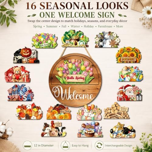 16Pcs Interchangeable Seasonal Welcome Sign 12 Inch Front Door Home Decor