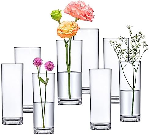 Amazing Abby - Viola Minuto - Plastic Cylinder Vases (8-Piece Set), Acrylic Flower Vases for Wedding Centerpieces, Home Decorations, Office Ornaments, Shatter-Proof, 6" + 7" (H) (Not Glass)