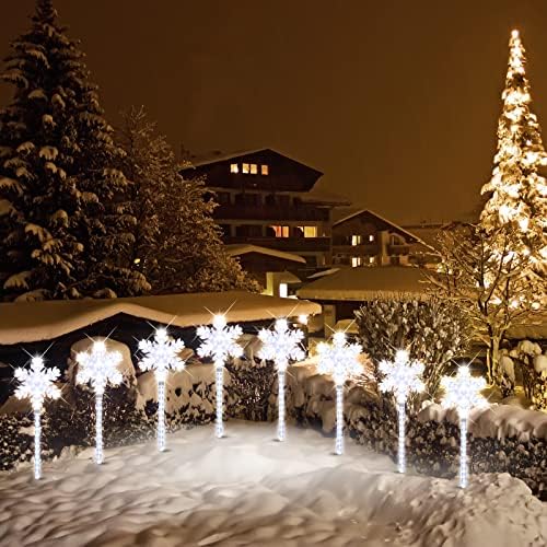Ultra-Bright Shooting17 568LED Snowflake Lawn Stake Light 4 Stakes Total Christmas Outdoor Decoration with UL Standard Adaptor for Outdoor Pathway Lawn Holiday Party Home(White)