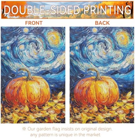 Fall Pumpkin Garden Flag Autumn Golden Leaf Yard Flags Van Gogh Oil Painting House Banner Art Starry Night Sky Moon Thanksgiving Harvest Garden Flags for Outside Porch Lawn Decor 12 x 18 Inch