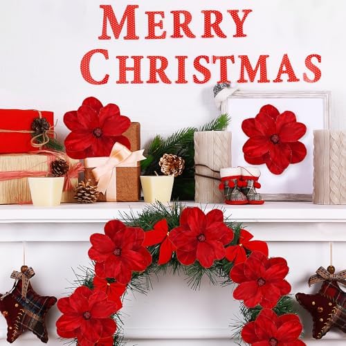 Sggvecsy 10Pcs Christmas Glitter Flowers Velvet Magnolia Flower Christmas Tree Ornaments Artificial Poinsettia Floral Picks for Xmas Wedding DIY Crafts Wreath Party Floral Decorations(Red)