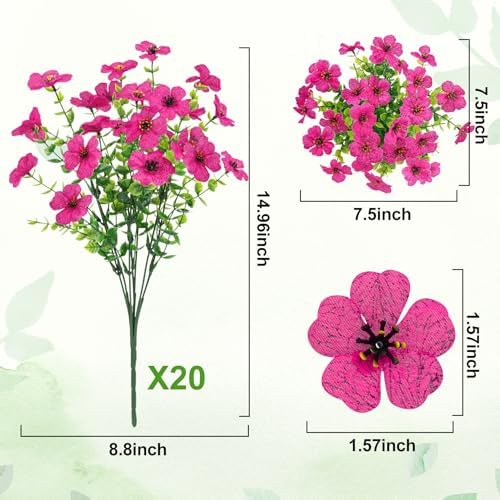 20 Bundles Artificial Flowers for Outdoors Fake Plants, Fuchsia