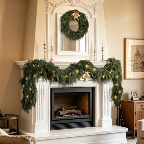 9FT Realistic Christmas Cedar Garland for Mantel, Soft Touch with Lights