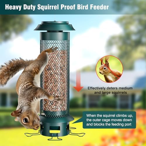 Large Squirrel Proof Bird Feeder with Removable Base, Weight-Activated Cage, Easy to Clean & Spill-Proof, 5 Perches, 4 lb Capacity, Tube Metal Bird Feeder for Outdoors Cardinals, Finches