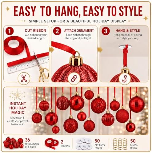 36 Pcs Christmas Balls Ornaments for Ceiling, Red