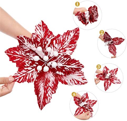10 PCS Snow Poinsettia Stems, Large 10.6" Christmas Flowers, Red/White