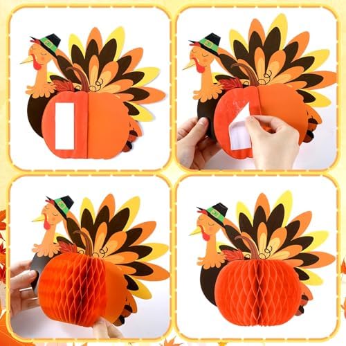 Fourluoo 12 Pcs Fall Thanksgiving Table Decor Turkey Honeycomb Centerpiece