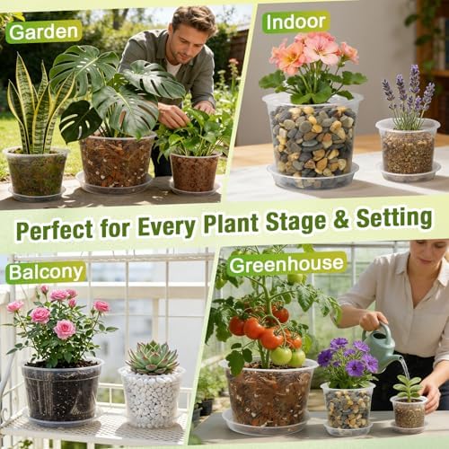 8 Inch Clear Nursery Pots with Drainage and Saucers, 5 Pack Large Clear Plastic Nursery Pots for Plants, Seedling Plant Pots for Repotting and Growing Plants, Flowers & Vegetables(8 inch)