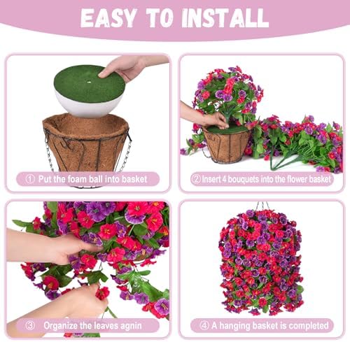 Artificial Flowers with Hanging Basket, Outdoor Faux Plants UV Resistant
