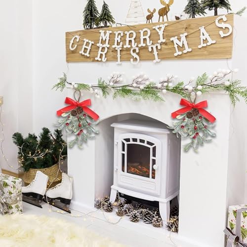 Christmas Artificial Mistletoe Ornament with Red Bow Snowy Red Berries Christmas Hanging Mistletoe Decorations Bouquet Floral Natural Pine Cones Holiday Decoration Ornament Bouquet