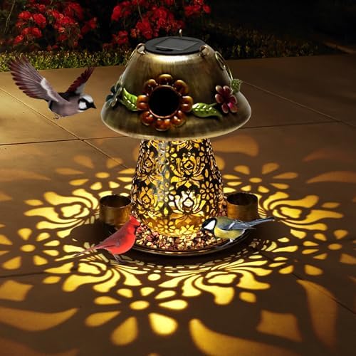 Mushroom Solar Bird Feeders for Outdoors Hanging Metal Wild Bird Feeder with S Hook for Garden Decoration Brown