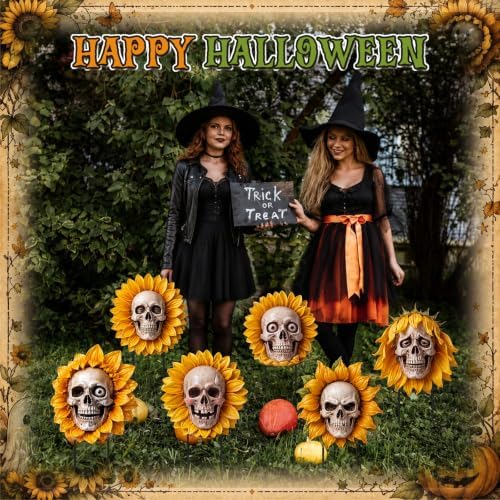 AceOrbit 6 Pcs Halloween Sunflower Skull Outdoor Decor Yard Sign with Stake