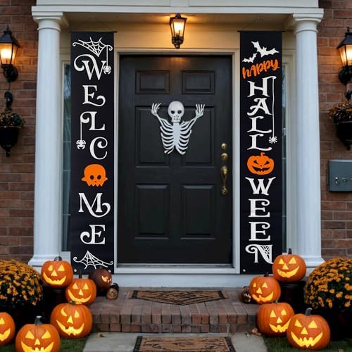 Halloween Porch Banners Happy Halloween Welcome Front Door Decorations