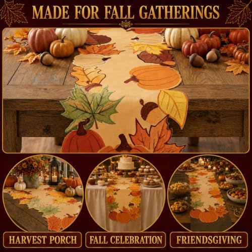 13x72In Fall Thanksgiving Embroidered Table Runner with Pumpkin Maple Leaf