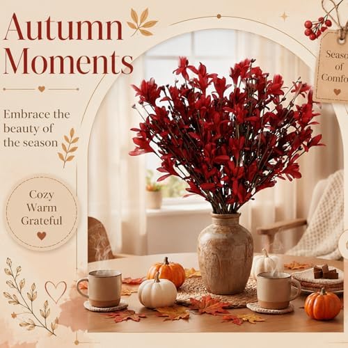 Yinder 12pcs Burgundy Fall Flowers 17inch Winter Jasmine Artificial Floral Picks Fake Flower Stems for Autumn Harvest Festival Thanksgiving Day Flower Arrangement Centerpieces