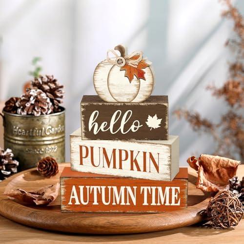 Yousoontic 4 Pcs Fall Pumpkin Maple Leaf Figurines, Rustic Farmhouse Decor