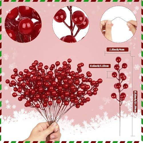 24 Pcs Artificial Christmas Red Holly Berry Stems, Christmas Tree Picks