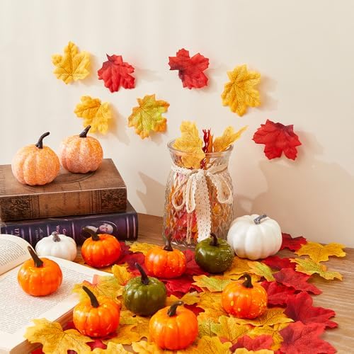 SITUMEIZI Fake Fall Leaves Set Autumn Leaves with Mini Pumpkin for Farmhouse Harvest Thanksgiving Table Decor 52 Pcs