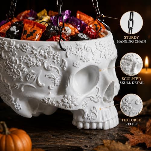Halloween Trick Or Treat Skull Candy Bowl Hanging Gothic Skeleton White Pot