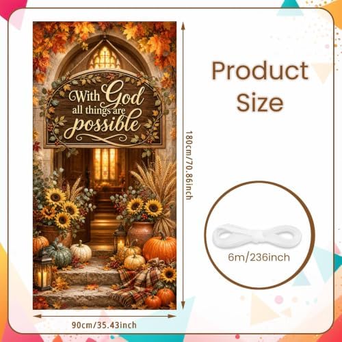 Fall Door Cover Decorations, 70.8 x 35.4 In With God All Things Are Possible Christian Harvest Front Door Banner with Ribbon, Thanksgiving Porch Sign for Party Decor