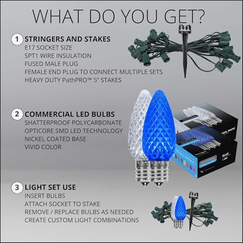 Wintergreen Lighting 50' OptiCore LED C9 Blue and White Pathway Christmas Lights, Heavy Duty Bulbs for Driveway, Walkway Marker, 5" Commercial PathPRO Stakes, 18 Gauge Green Wire