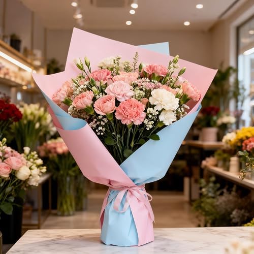 LeZakaa 20 Sheets Flower Wrapping Paper - Waterproof Reversible Floral Bouquet Paper - Sky Blue and Pink Design for Valentine's Day, Mother's Day, Parties, Birthdays, Weddings, Baby Shower
