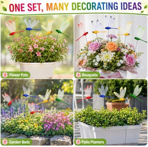 RAINFLOW 12PCS Realistic Dragonfly Garden Stakes 3D Fake Garden Decor