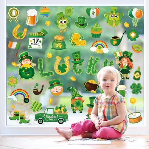 Whaline 9 Sheets St. Patrick's Day Cartoon Window Cling Stickers Cute Lucky Clover Green Shamrock Gnome Reusable Window Decals for Irish Party Home Classroom Decoration