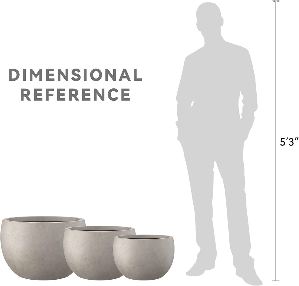 Kante Set of 3 Weathered Concrete Bowl Planters 20" 15.7" 11.8" Dia | Drainage for Outdoor, Rubber Plug for Indoor