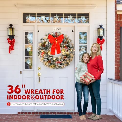 VINGLI 36" Prelit Christmas Wreath, Plug-in Artificial Wreath with 100 LED Lights & 300 Tips for Indoor Door/Window