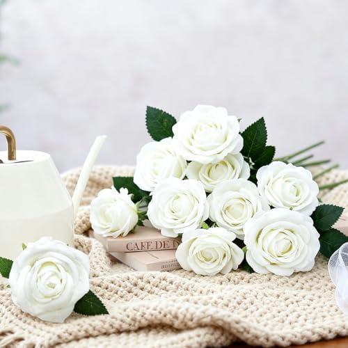 50Pcs White Roses Artificial Flowers with Stems for Home Decor