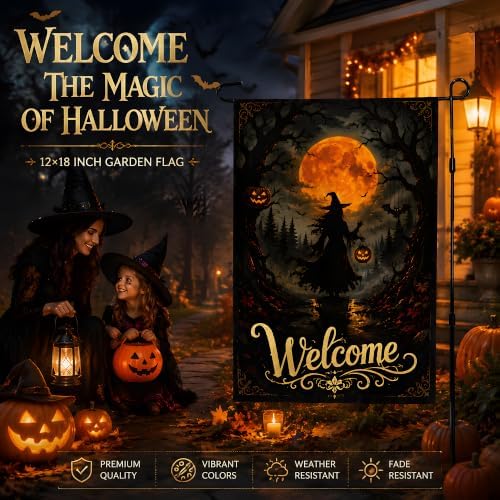 Halloween Decorations - Witch Full Moon Welcome Garden Flag for Outdoor