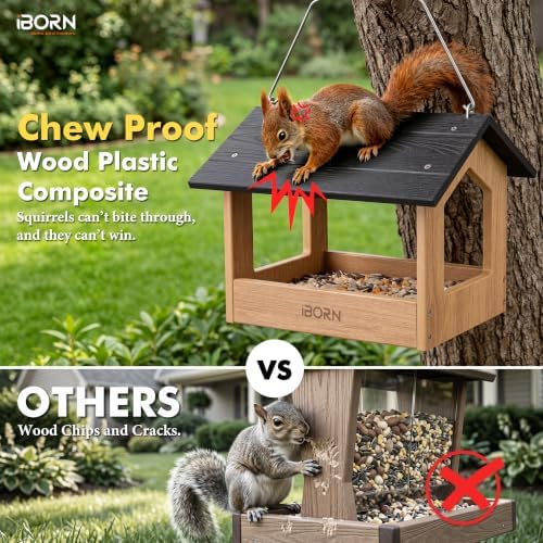 iBorn Pavilion Bird Feeder, Covered Platform Bird Feeder for Outdoors Hanging, WPC Recycled Plastic & Waterproof, Black