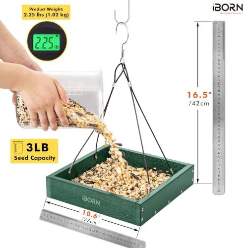 iBorn Platform Bird Feeder Tray Bird Feeders for Outdoors Hanging for Outside Flat Birdfeeder Tray with Large Capacity 3LBS, WPC Recycled Plastic & Cedar Look, Waterproof, 10.6"x10.6", Green