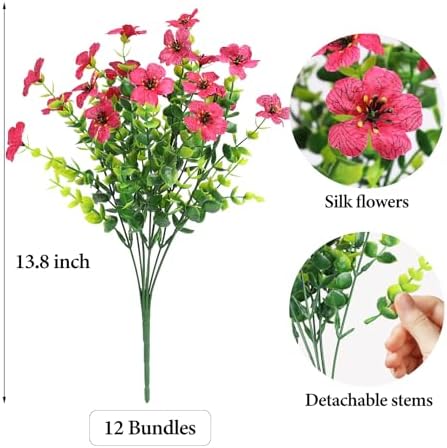 ATTGREAT Artificial Flowers for Outdoors UV Resistant, 12 Bundles(Rose Red)