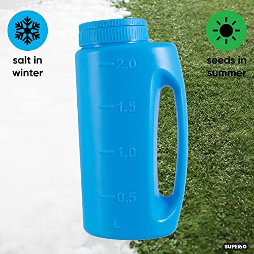 Superio Ice Melt Salt Spreader Handheld Shaker for Lawn Seed, Salt, Ice Melt, Calcium, Deicer Shaker 2 Liter, Adjustable Hole Size, Handy for Fertilizer Lawn Seed Salt to Deice (Blue 2-Pack)